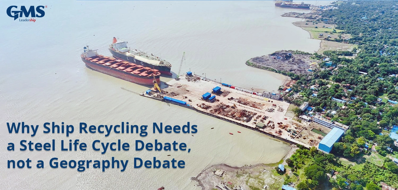 Ship recycling yard showing recovered steel from end-of-life vessel for reuse and re-rolling under sustainable ship recycling practices